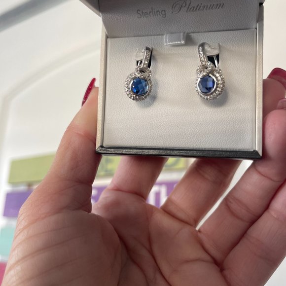 CRISLU Sterling Platinum & Blue CZ Earrings - Worn ONCE - Picture 2 of 4